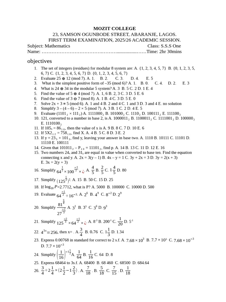 Mathematics Exam Questions for S.S.S One & Two | PDF | Mathematics ...