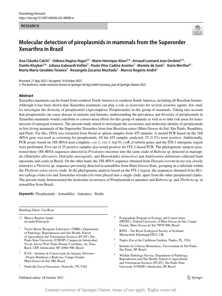 Molecular detection of piroplasmids in mammals from the Superorder ...