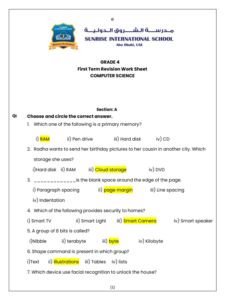 Grade 4 Computer Science Revision Worksheet | PDF | Computer Data ...