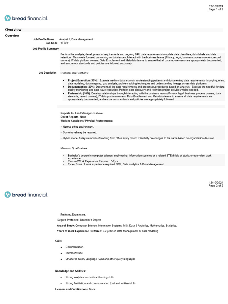 Data Management Analyst Job Overview | PDF | Data | Data Analysis