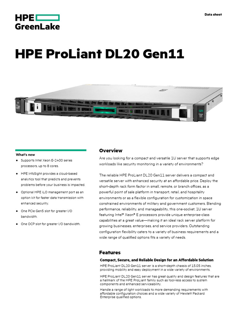 HPE ProLiant DL20 Gen11 Server Overview | PDF | Computing | Computer ...