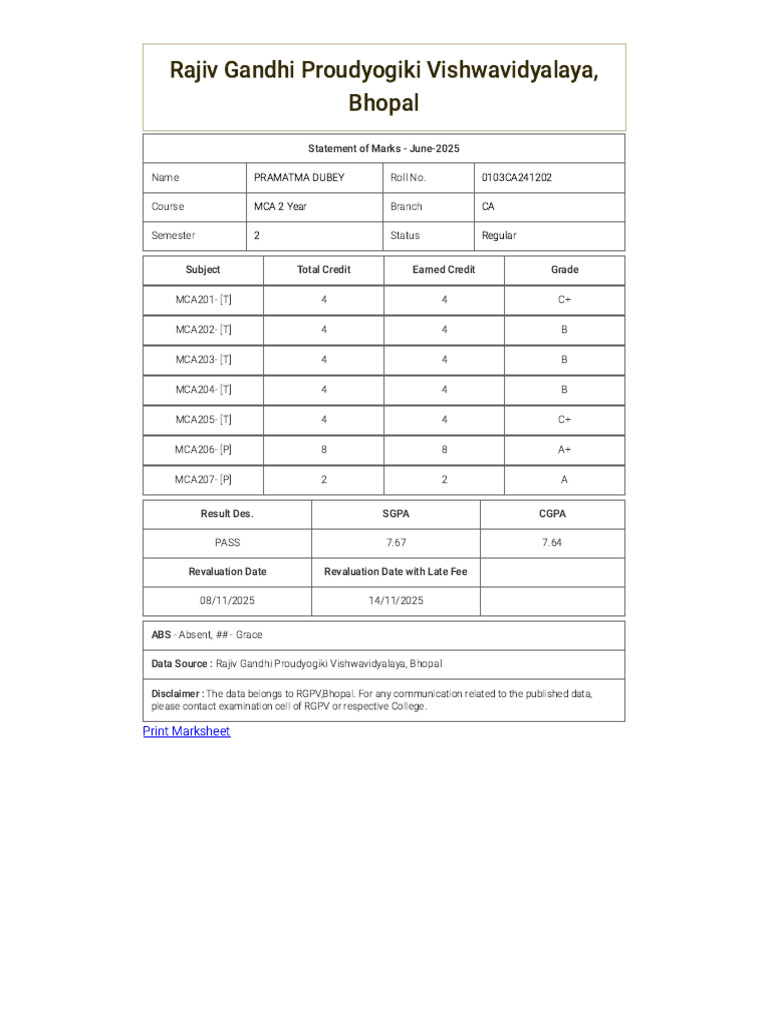 MCA 2nd Semester Marks - RGPV Bhopal | PDF