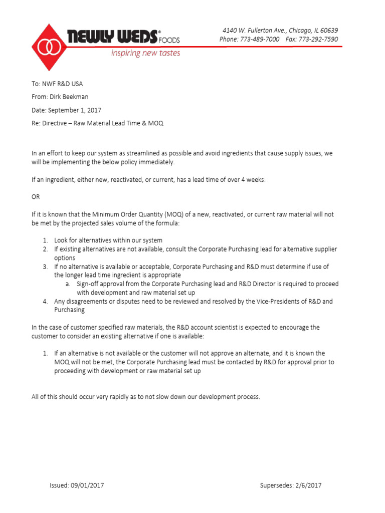 Raw Material Lead Time & MOQ Directive | PDF