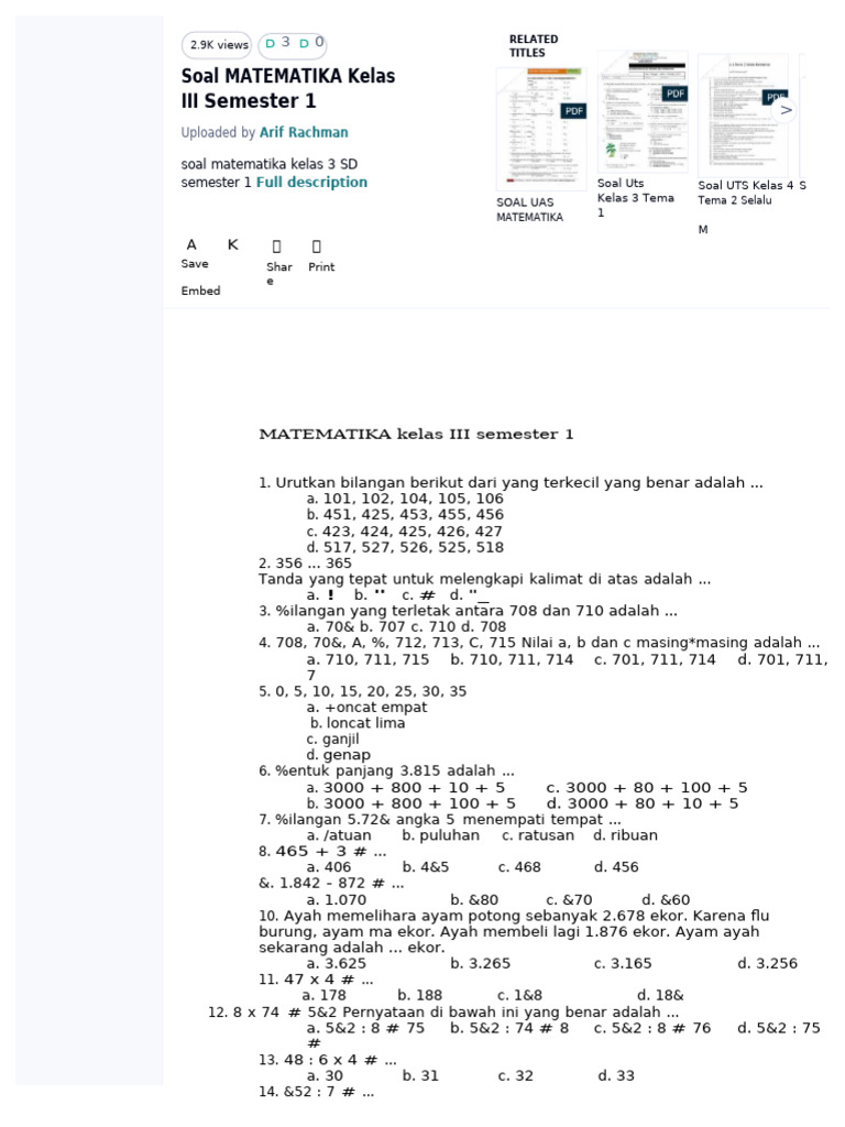 Soal Matematika Kelas 3 SD Semester 1 | PDF