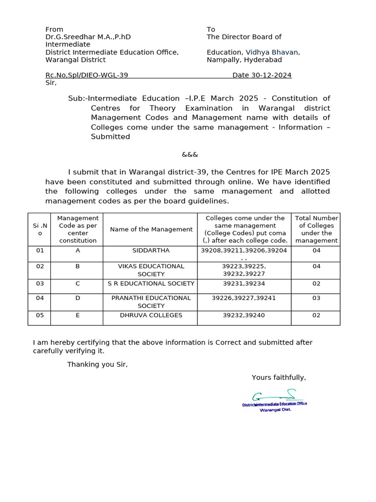 Warangal IPE March 2025 Exam Centers | PDF