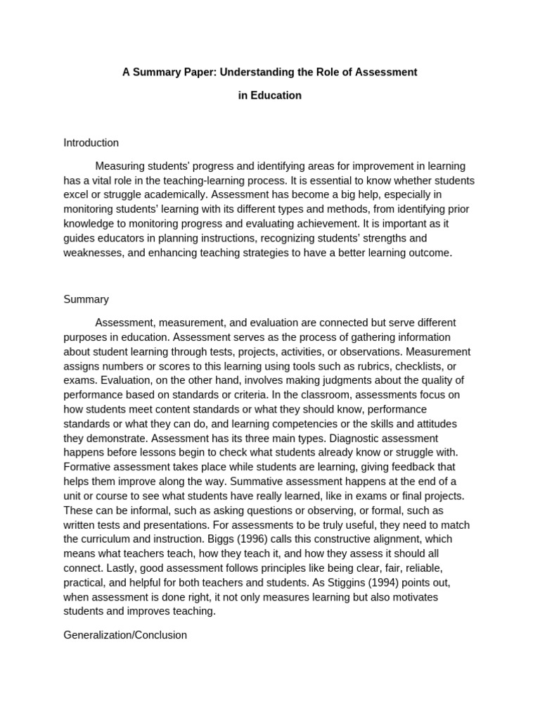 Summary Paper | PDF | Educational Assessment | Teaching