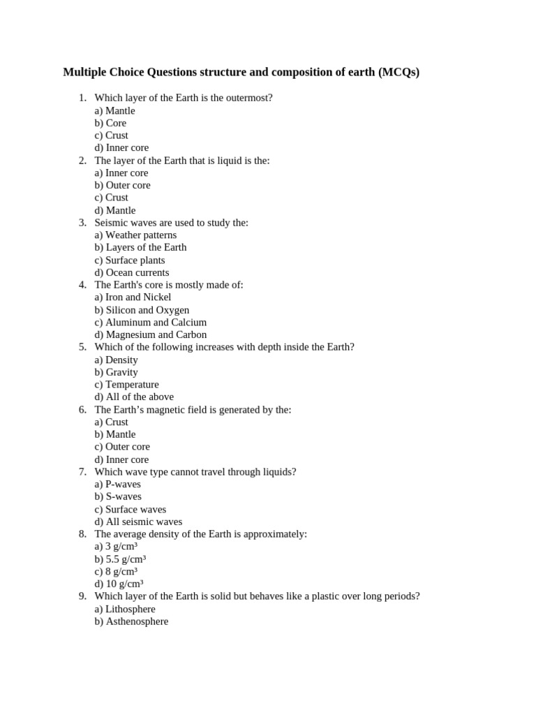 Earth Structure MCQs and Short Answers | PDF | Earth | Planetary Core
