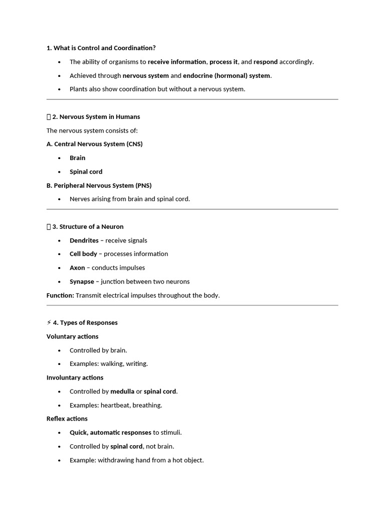 Control and Coordination in Organisms | PDF | Brain | Central Nervous ...
