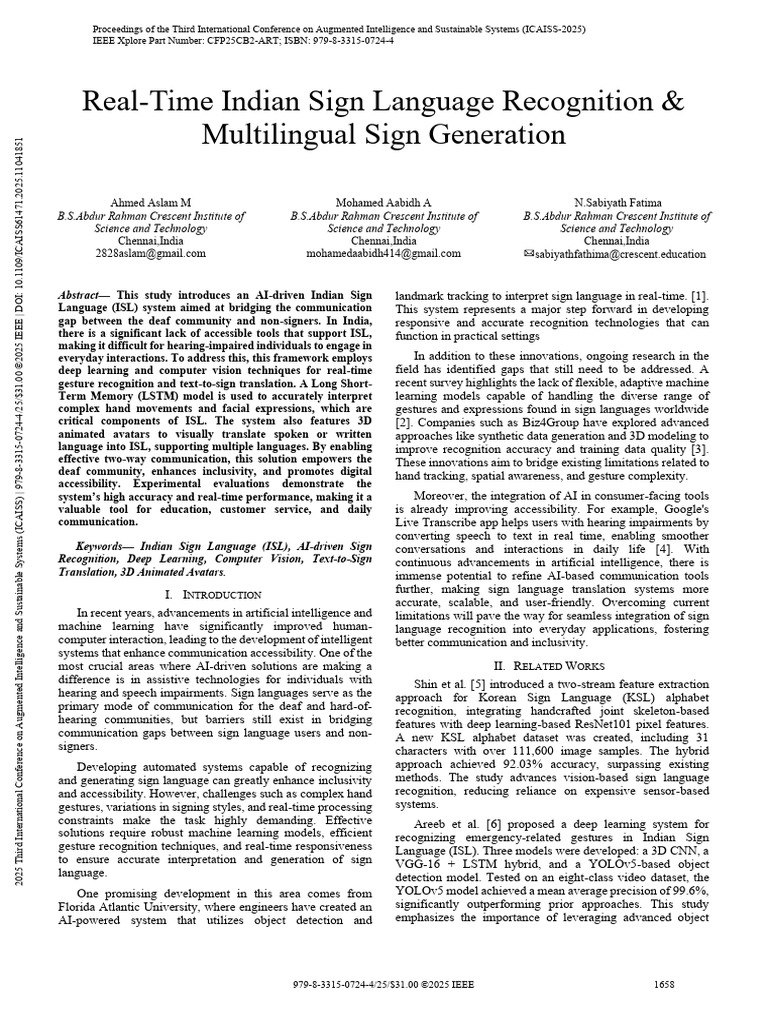 Real-Time Indian Sign Language AI System | PDF | Deep Learning | Sign ...
