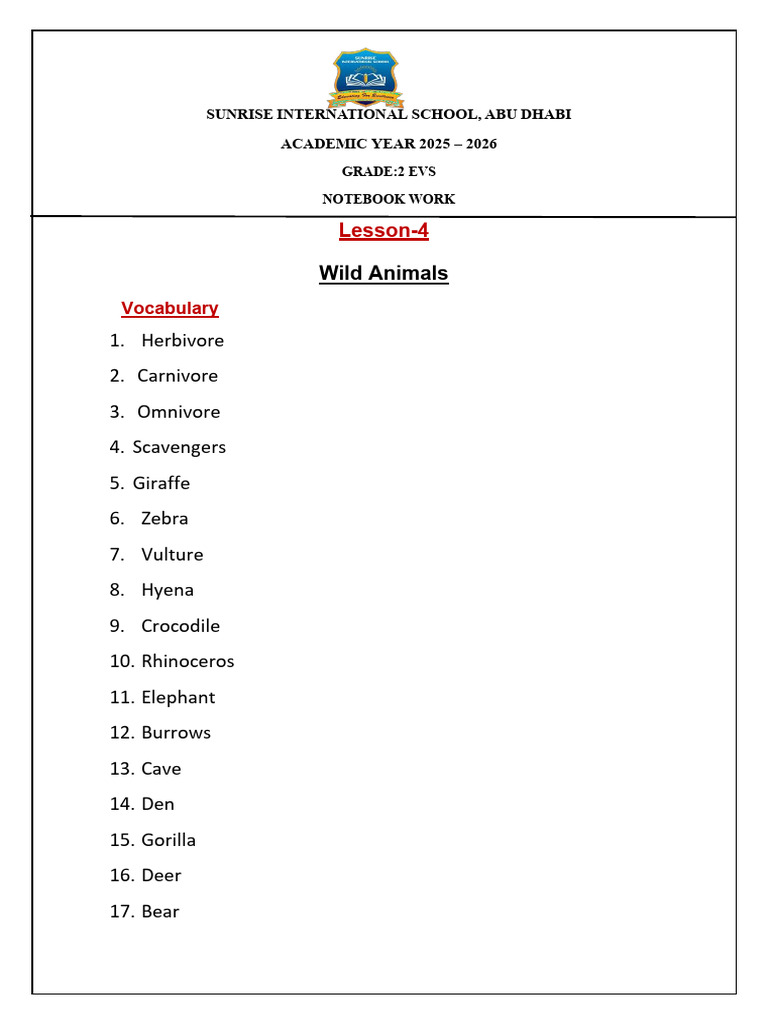 Grade 2 EVS: Wild Animals Notebook | PDF | Foods | Herbivore