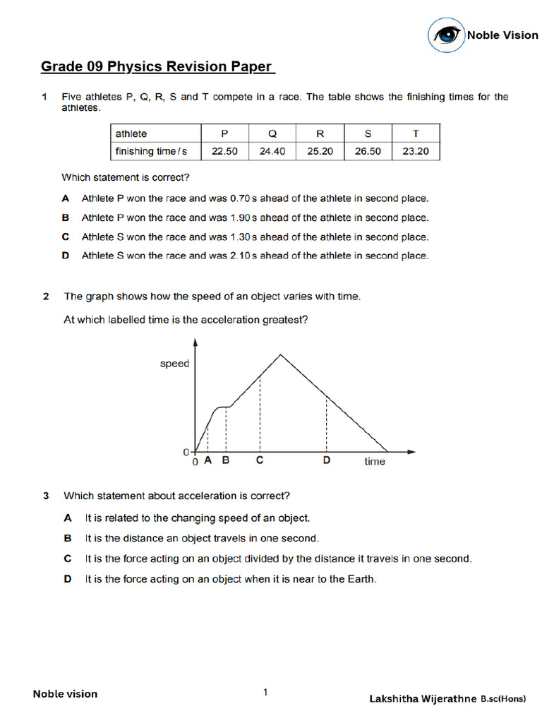 Grade 9 Physics Revision Paper | PDF | Sound | Force