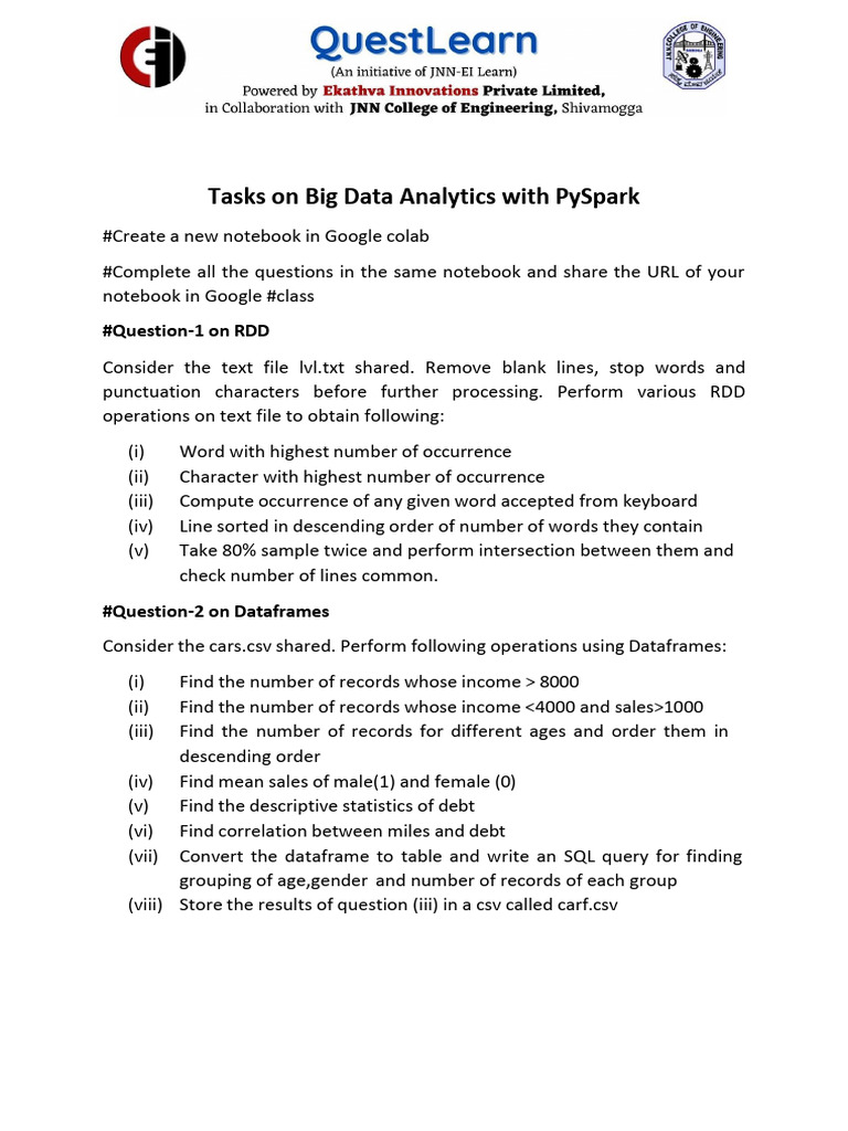 Big Data Analytics Tasks with PySpark | PDF