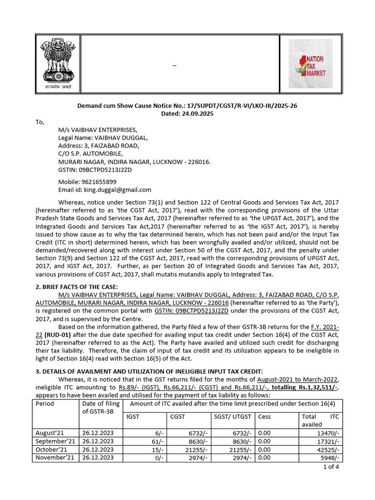 SCN 17-2025 VAIBHAV DUGGAL SEC16(4) 2021-22 | PDF | Taxes | Tax Credit