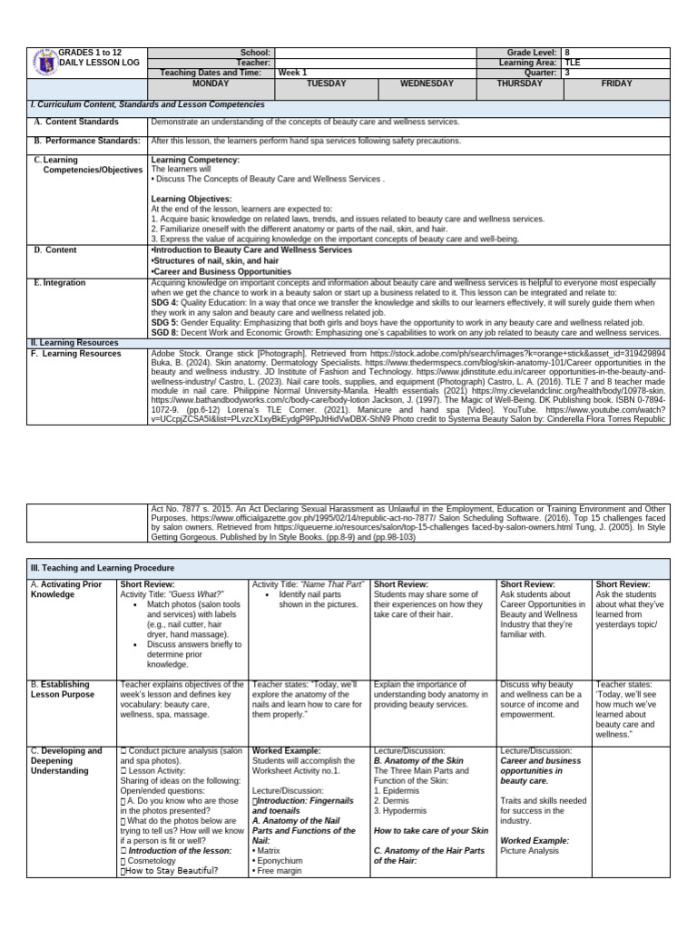 TLE 8 Daily Lesson Log: Beauty Care | PDF | Nail (Anatomy) | Learning