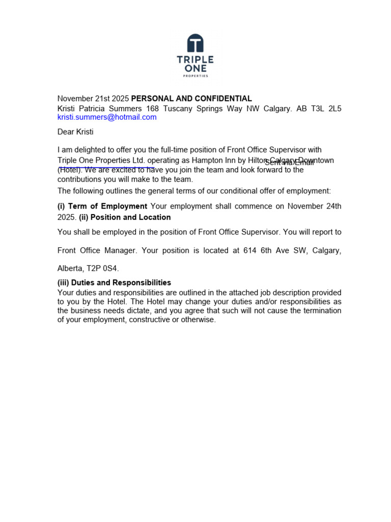 Employment Offer - Front Office Supervisor - Hampton Inn Calgary ...
