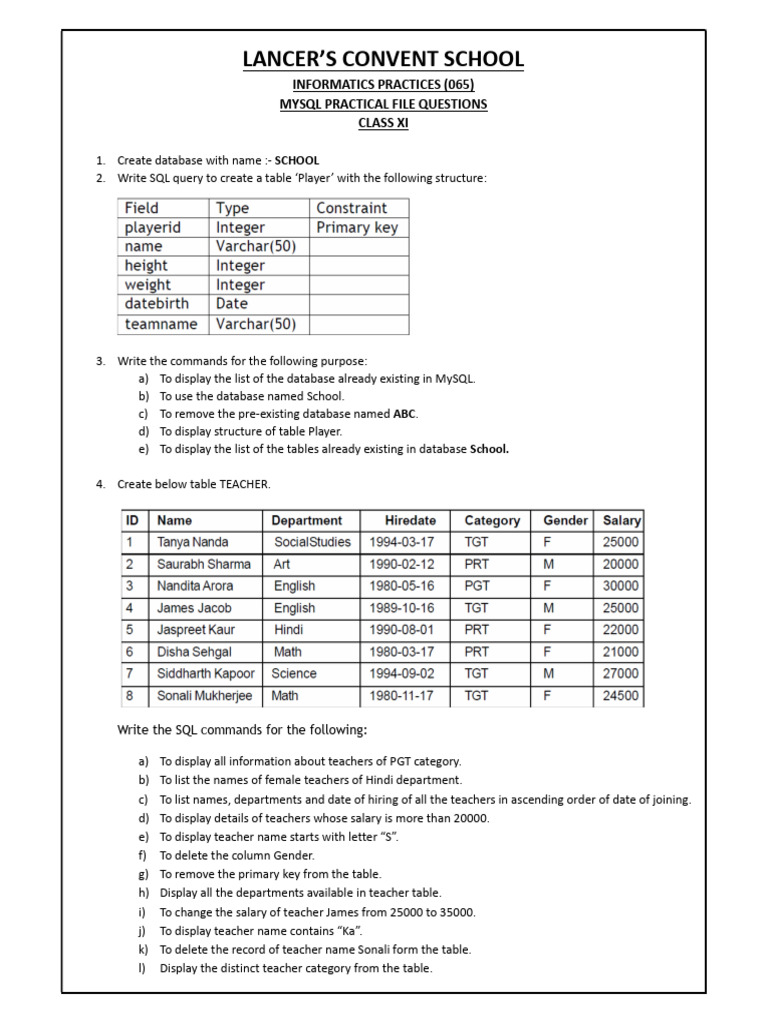 MySQL Practical File for Class XI | PDF | Databases | Table (Database)