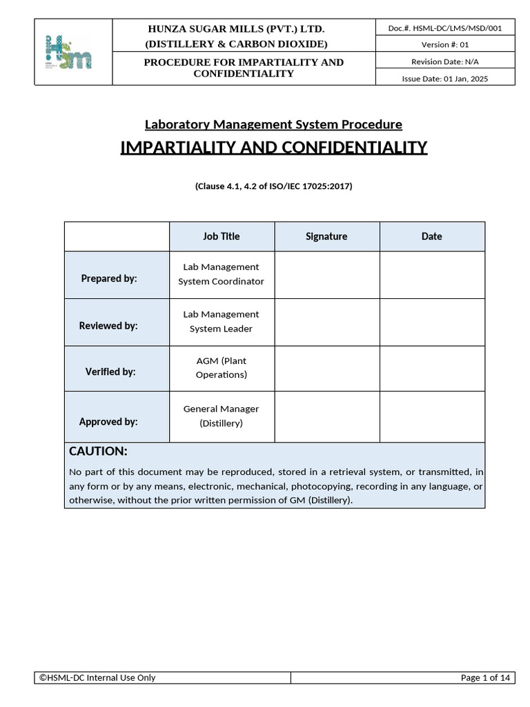 Hunza Lab Impartiality Procedure | PDF | Risk | Calibration