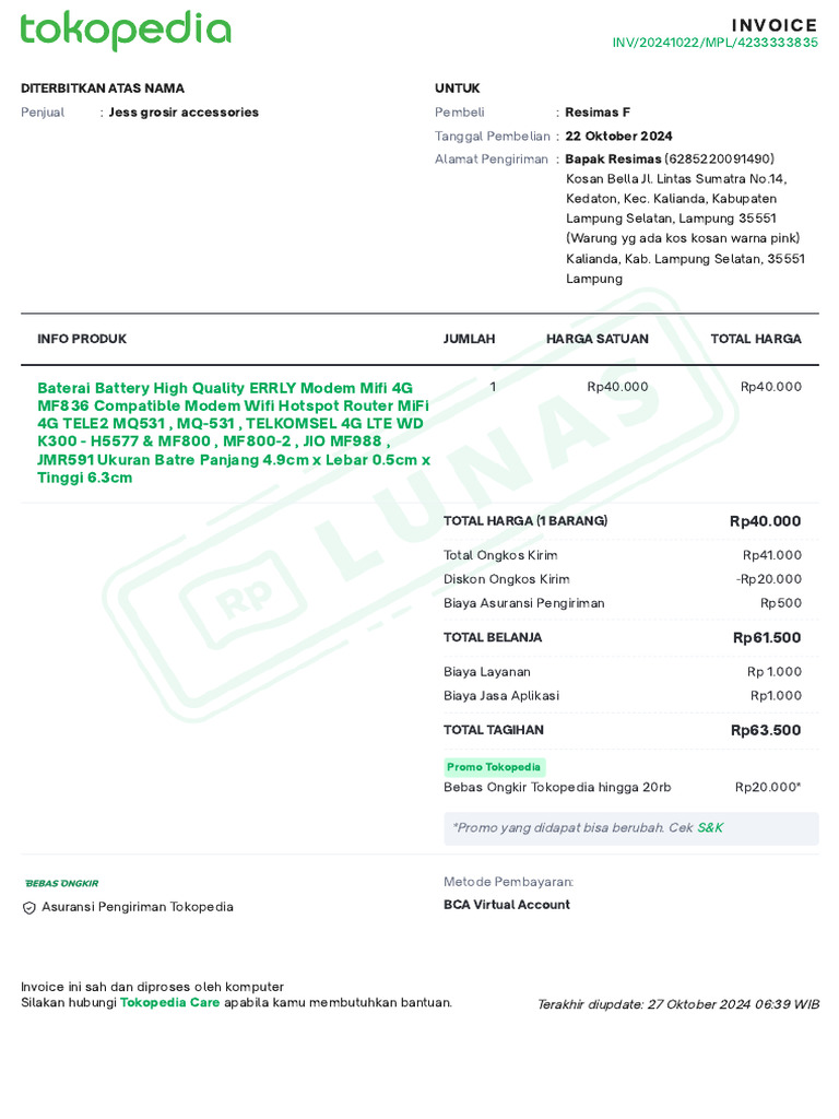 Invoice Pembelian Baterai Modem 4G | PDF