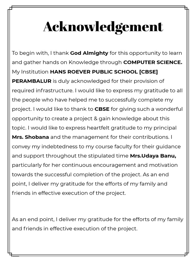 Acknowledgements for Computer Science Project | PDF
