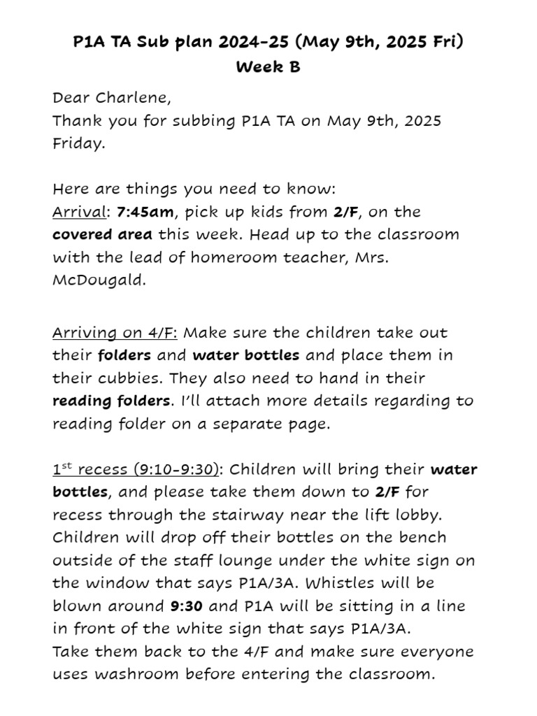 P1A TA Sub Plan May 9th, 2025 | PDF | Schools
