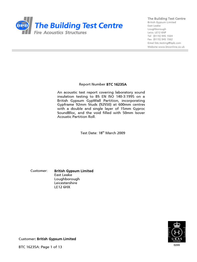 Acoustic Test Report for GypWall Partition | PDF | Drywall | Sound