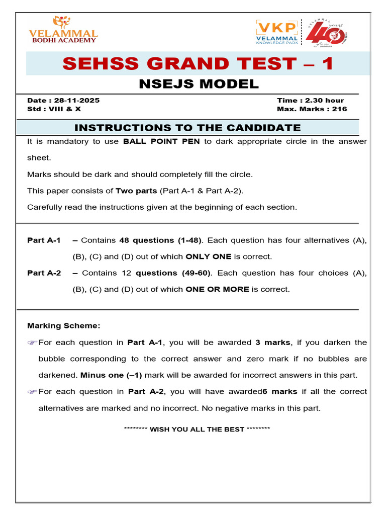 SEHSS Grand Test 1 for NSEJS 2025 | PDF