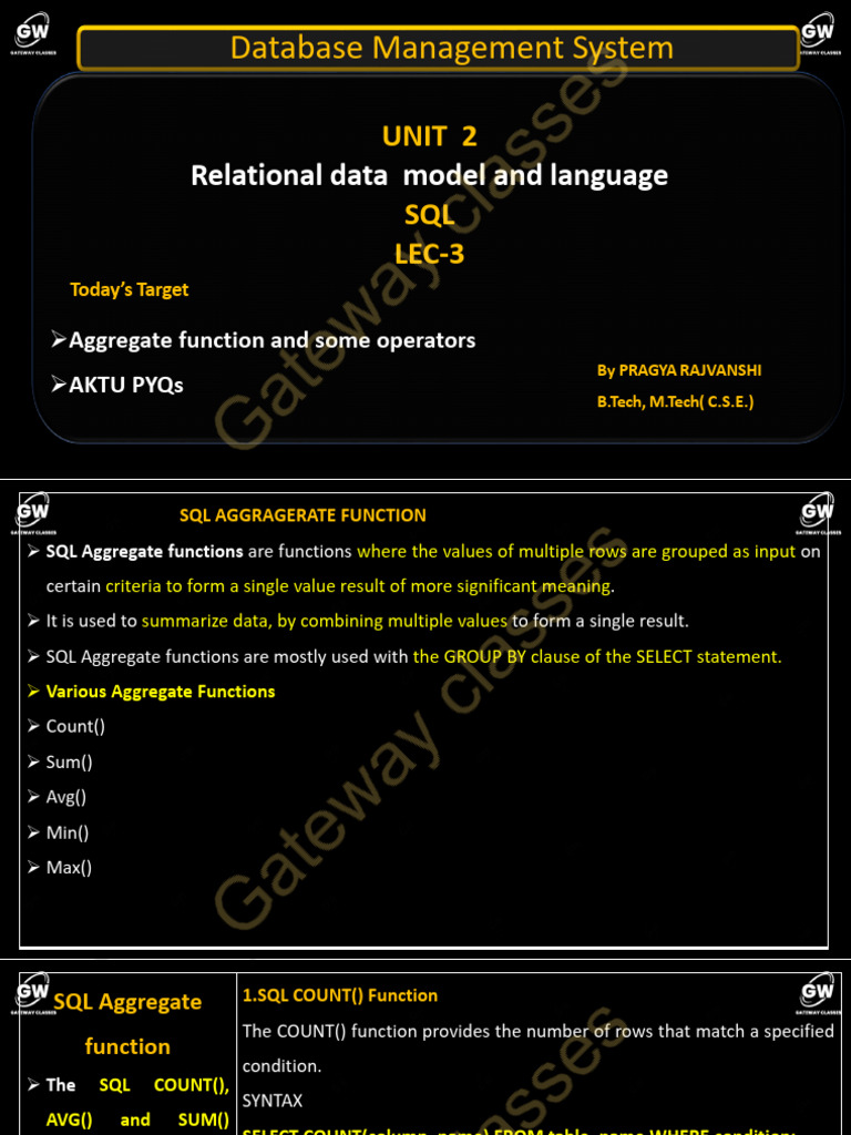 DBMS-U-2-SQL-Lec-3-Notes | PDF | Sql | Databases