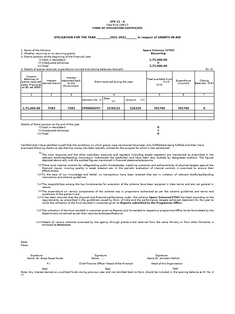 Utilization Certificate for Space Sciences | PDF | Economies | Business