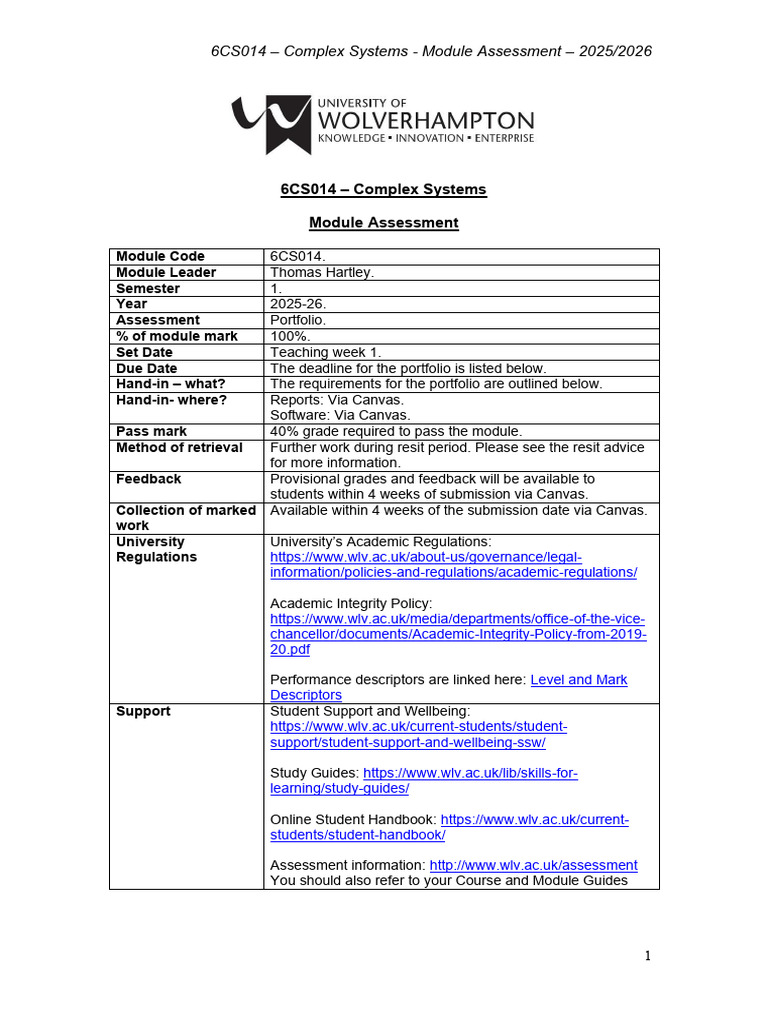 Complex Systems Module Assessment 2025-26 | PDF | System | Artificial ...