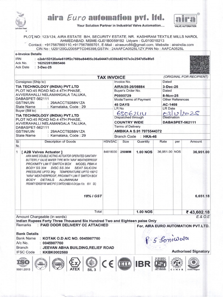 08884-Invoice Dispatch Detail of Tia Technology India PVT Ltd-Ac1408 | PDF