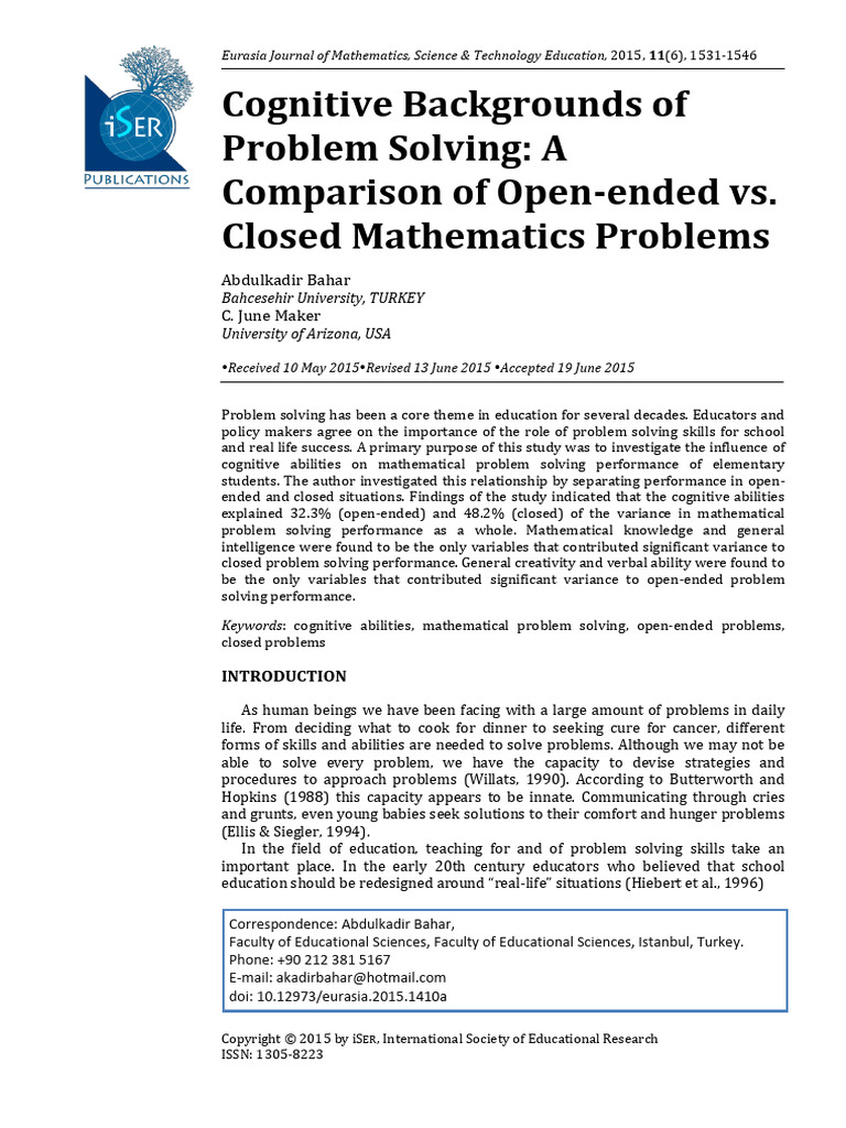 Cognitive Backgrounds of Problem Solving a Comparison of Open Ended vs ...