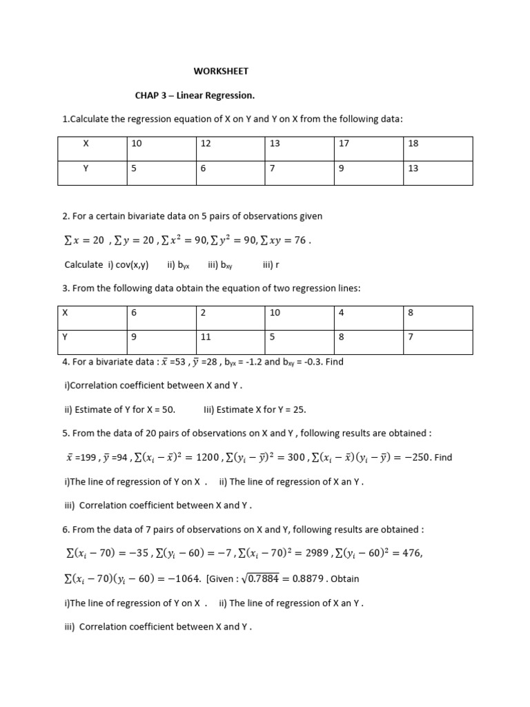 Linear Regression Calculations Worksheet | PDF | Regression Analysis ...