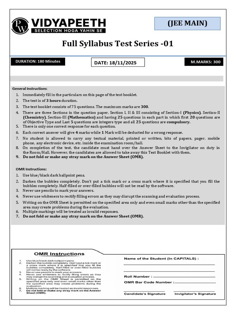 JEE Main Test Instructions and Format | PDF | Perpendicular | Triangle