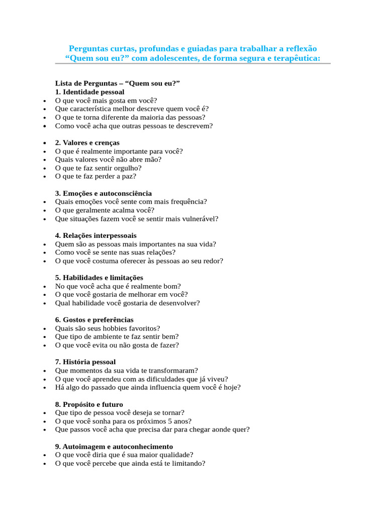 Perguntas para Reflexão Adolescentes | PDF