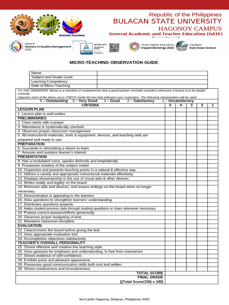 Micro-Teaching Observation Checklist | PDF | Teachers | Lesson Plan