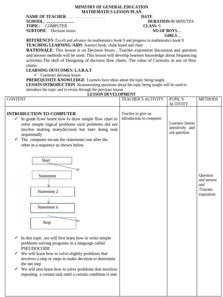 Computer Programming Lesson Plan for Grade 9 | PDF | Learning | Teachers