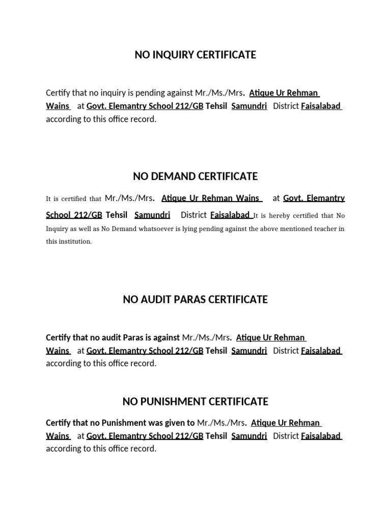 No Inquiry No Demand No Punishment No Audit para Certificate | PDF