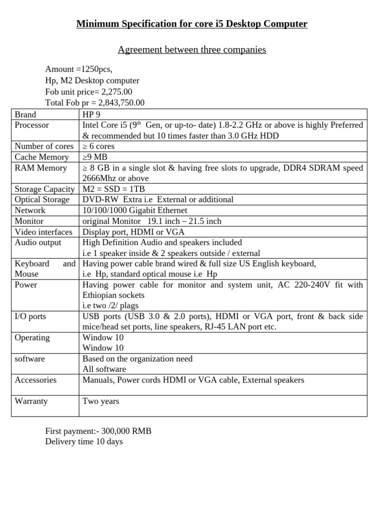 Core i5 Desktop Specs for HP Agreement | PDF