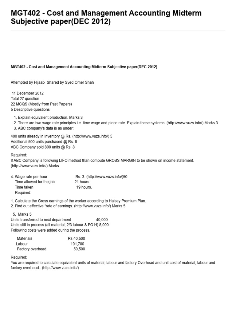 MGT402 - Cost and Management Accounting Midterm Subjective Paper (DEC ...