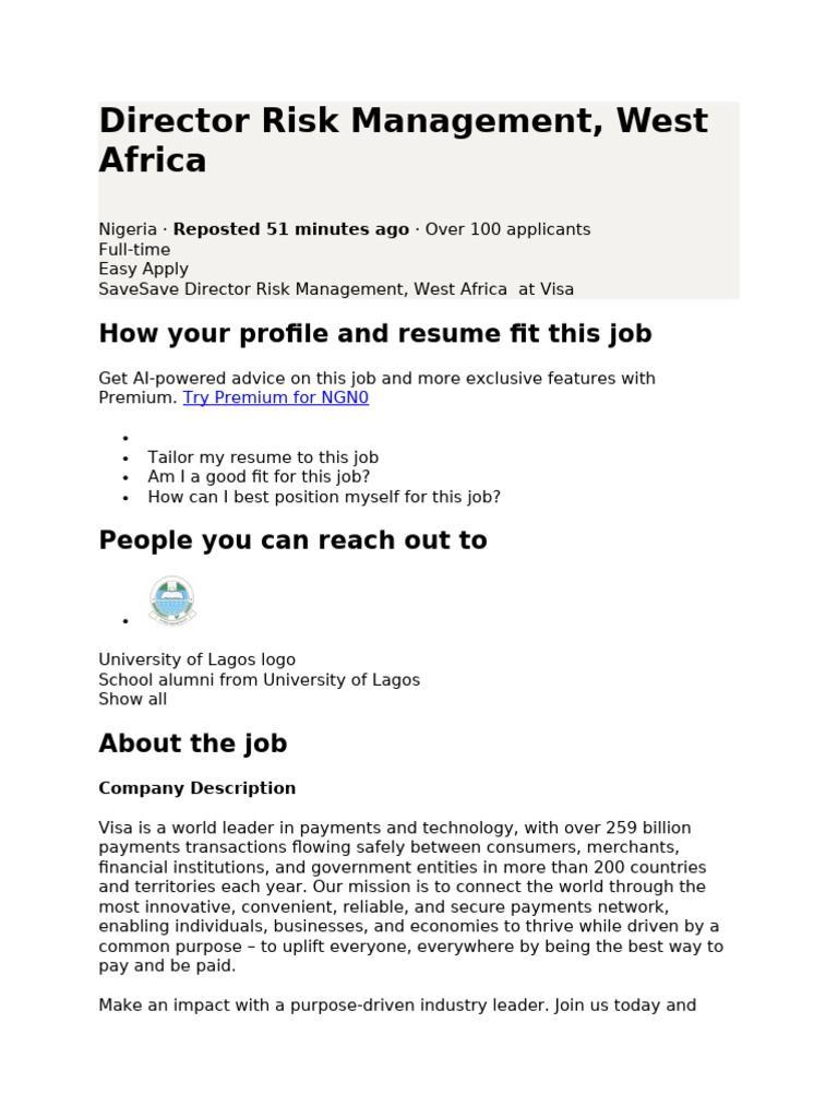 Director Risk Management | PDF | Visa Inc. | Risk Management