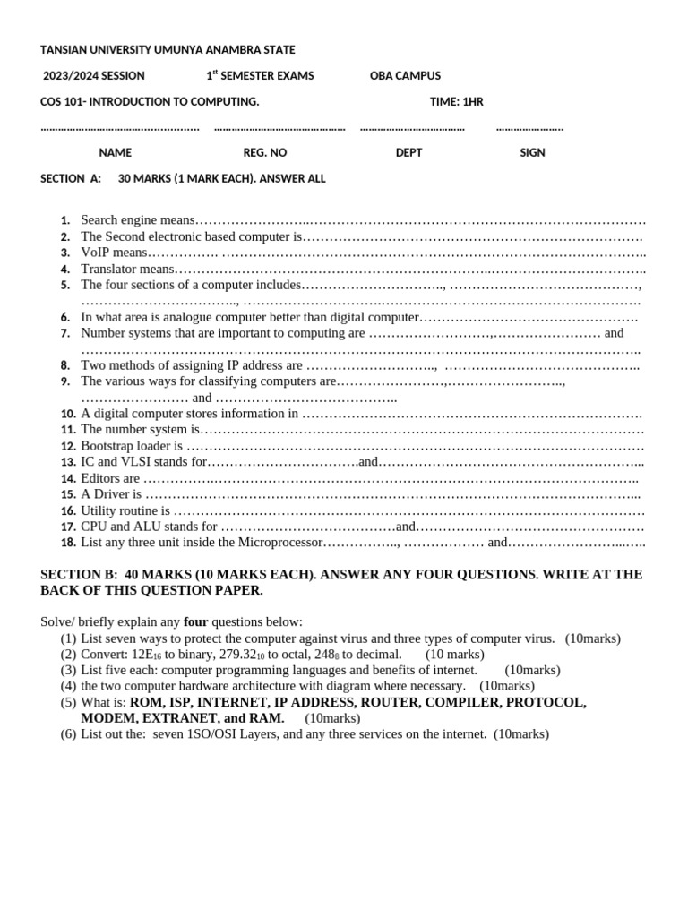 Tansian University COS 101 Exam Guide | PDF | Internet | Computer Science