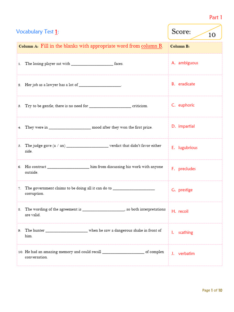 Vocabulary Test Level 2 Fill 100 ข้อ Part 1 YaiMai Sat 16-3-24 | PDF