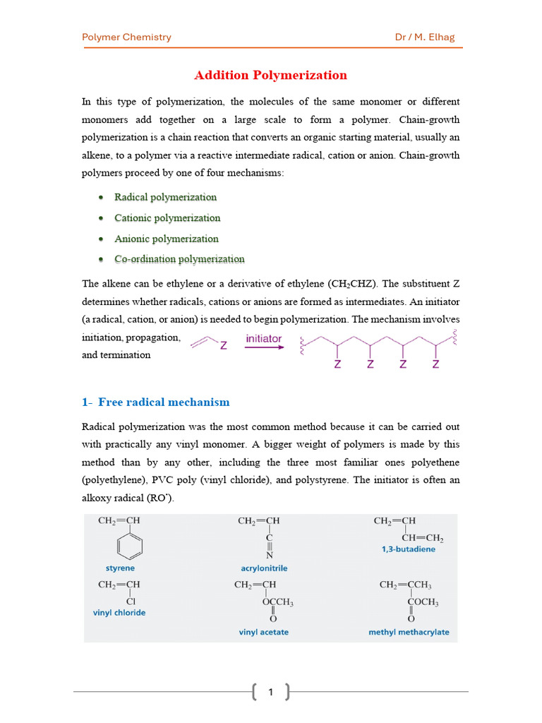 Addition Polymerization Overview | PDF | Polymerization | Radical ...