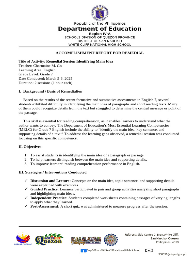 Grade 7 Remedial Session Report: Main Idea | PDF | Reading ...