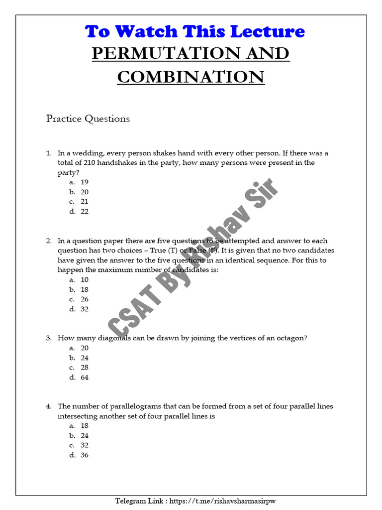 Permutation and Combination Practice Questions | PDF