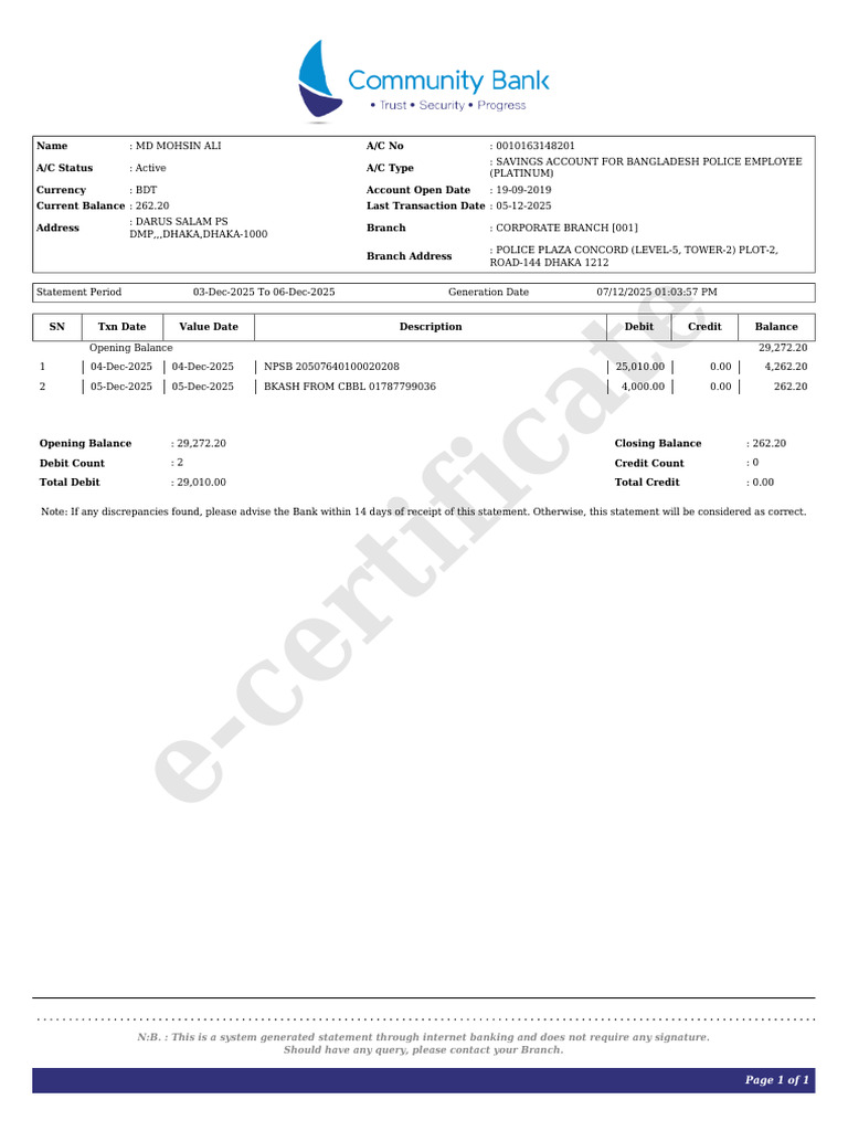 CBBL ACCOUNT STATEMENT 03-Dec-2025 To 06-Dec-2025 0010163148201 | PDF ...