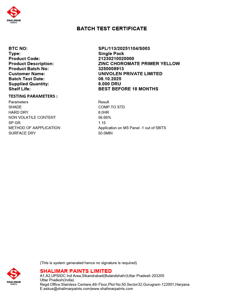 Primer Batch Test Certificate | PDF