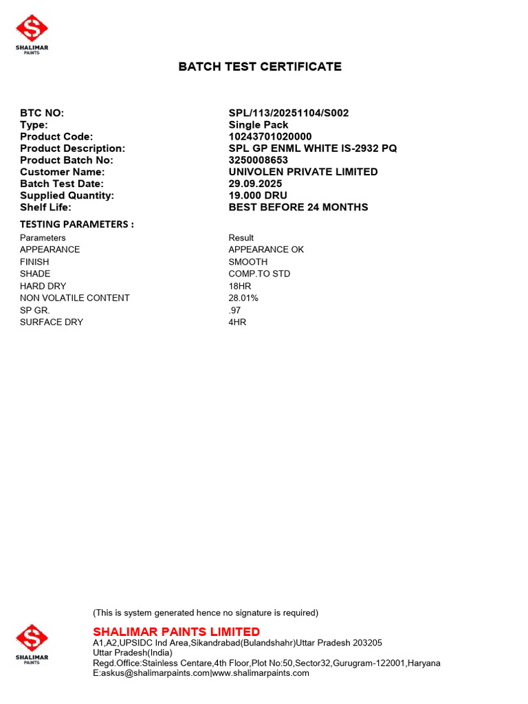 Batch Test Certificate for SPL GP ENML Paint | PDF