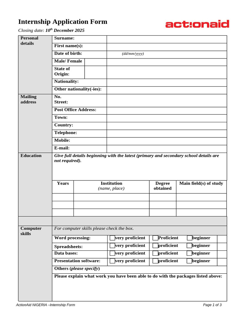 ActionAid Nigeria Internship Application Form | PDF