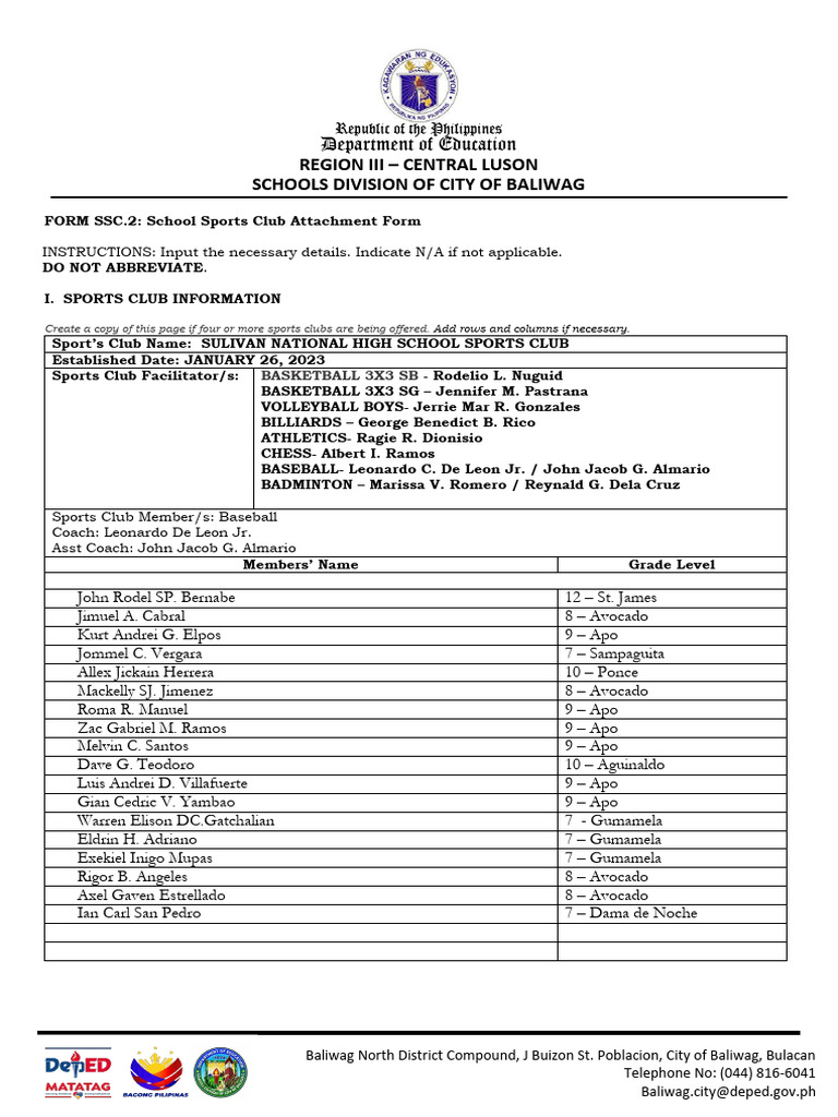 Baliwag Sports Club Registration Form | PDF | Summer Olympic Sports ...